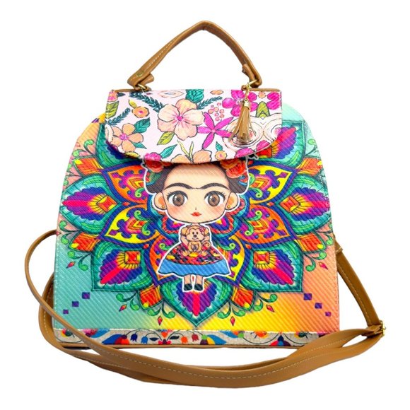 Artisan Made Frida Kahlo Canvas Faux Leather Tote Backpack From Coyoacan Mexico - Picture 5 of 14